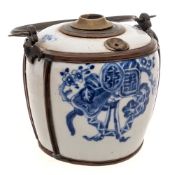 Two Chinese blue and white bowls and a lamp: the bowls painted with birds, foliage and rockwork,