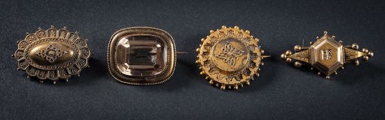 A rectangular citrine single-stone brooch: together with three other Victorian yellow metal