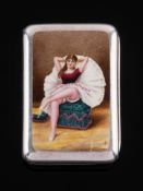 A late Victorian silver and enamel risque vesta case, maker George Heath, London,