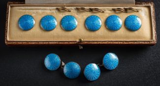 A pair of blue enamelled circular panel cuff-links with matching buttons, together with fitted case.