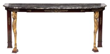 A mahogany, carved giltwood and brass mounted console table:,