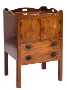 A George III mahogany and inlaid converted tray top commode:, bordered with boxwood lines,