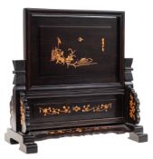 A small Chinese hardwood table screen on stand: inlaid with an inscription, lingzhi,