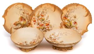 A Royal Worcester fruit painted blush ivory porcelain dessert service: of leaf form painted and