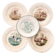 A group of five 'alphabet' nursery plates: enamelled and printed,