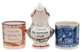 A child's pottery jug and two small pearlware mugs,