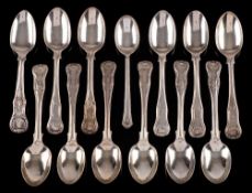 Eleven silver Hourglass pattern teaspoons, various makers and dates: crested,