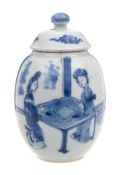 A Chinese blue and white tea caddy and cover: of ovoid form with domed cover,