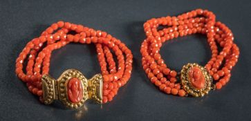 A faceted coral bead four-string bracelet: with gold and coral relief portrait mounted clasp,