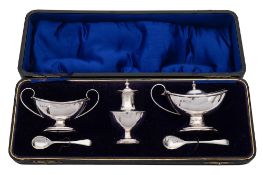A George V silver three piece condiment set, maker J Sherwood & Sons, Birmingham,