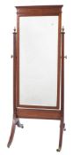 An Edwardian mahogany and chequer inlaid swing frame cheval mirror:,