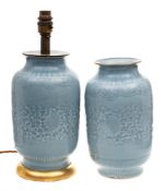 A pair of Chinese clair-de-lune glazed vases: moulded with a wide band of scrolling lotus within
