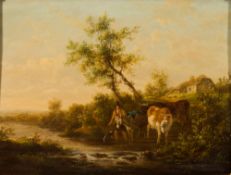 Attributed to Henry Milbourne [1781-1826]- Drover, mule and cattle crossing a stream,