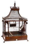 A Georgian mahogany and inlaid bird cage: of pagoda design,