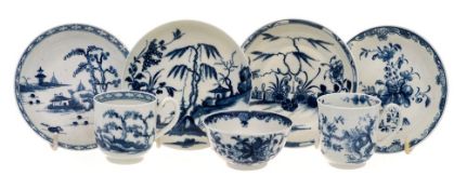 A mixed lot of First Period Worcester blue and white porcelain: including an early coffee cup in