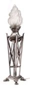 An early 20th Century plated table lamp: the circular reservoir with opaque glass flame shade,