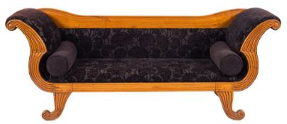 A Continental birch scroll end settee:, with shaped bar back, having upholstered panel below,