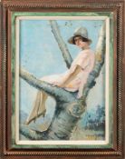 Henry [20th Century]- Young lady wearing a bonnet, seated in a tree,
