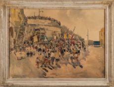 * Guilio Falzoni [1900-1978]- Capri; procession by a fortification,:- signed,