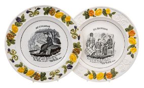 Two large James and Ralph Clews pearlware plates: 'He Returns' and 'At College',