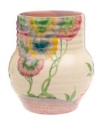 A Clarice Cliff pottery vase: of ribbed globular form with raised neck painted in the Viscaria
