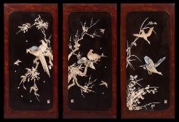 Three Japanese lacquere , ivory and mother-of-pearl inlaid panels: of rectangular outline ,