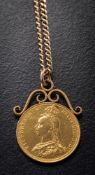 A Victorian sovereign dated 1887,: mounted as a pendant and on a 9ct gold curb-link chain.