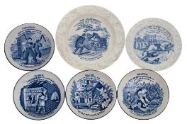 A group of four blue and white pearlware nursery plates and a set of four similar saucers: printed