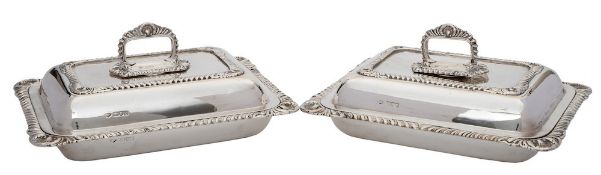 A pair of Edward VII silver rectangular entrée dishes and covers,