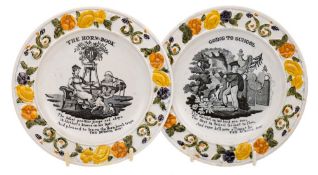 A pair of James and Ralph Clews pearlware plates: 'The Horn-Book' and 'Going To School' printed in