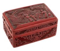 A Chinese red cinnabar lacquer box and cover: of rectangular outline,