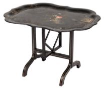A Victorian papier mache tray on a later integral stand:,