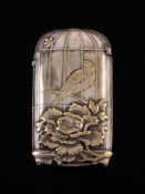 A Japanese gilt metal vesta case: decorated to either side with a finch in a cage and floral