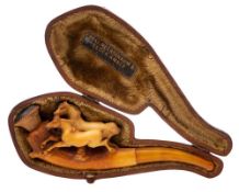 A late 19th century carved Meerschaum pipe: decorated with two prancing horses,