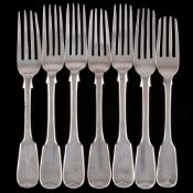 Seven assorted Georgian and later Fiddle pattern table forks, various makers and dates: initialled,