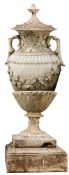 A large reconstituted stone garden urn: of neoclassical outline,