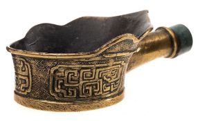 A Chinese polished bronze water ladle,: the handle with jadeite collar [a/f], 19cm.