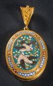 A mid 19th Century gold and Roman micro-mosaic oval pendant: with oval panel depicting doves,