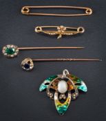 An Art Nouveau seed pearl and mother of pearl mounted enamelled pendant: approximately 33mm long x