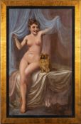 English School early 20th Century- Nude with Pekingese in boudoir interior,