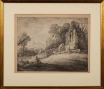 Circle of George Morland [18/19th Century]- Figure in a churchyard,:- engraving, 30 x 39cm.