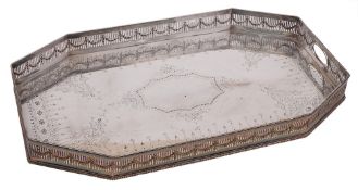A late Victorian/ Edwardian silver plated serving tray: of rectangular outline with canted corners