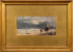 Sarah Louise Kilpack [1840-1909]- Fisherfolk on a stormy beach,:- oil on board, 10 x 20cm.