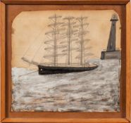 Alfred Wallis [1855-1942]- Three-masted schooner anchored off a lighthouse,