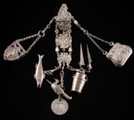 A Victorian silver and silver plated chatalaine: with belt hook and suspensions,