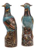 A pair of Chinese cloisonne models of pheasants: decorated with naturalistic plumage on a turquoise