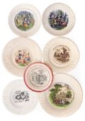 A group seven nursery plates: printed and enamelled, including children 'playing schools',