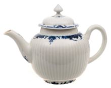 A First Period Worcester teapot and cover: of reeded globular form with pointed mushroom finial,