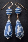 A pair of Wedgwood blue and white jasper ware mounted drop earrings: each earring with a jasper