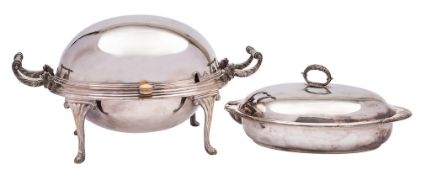 A plated turn-over breakfast dish and cover: with foliate decorated handles to the side,